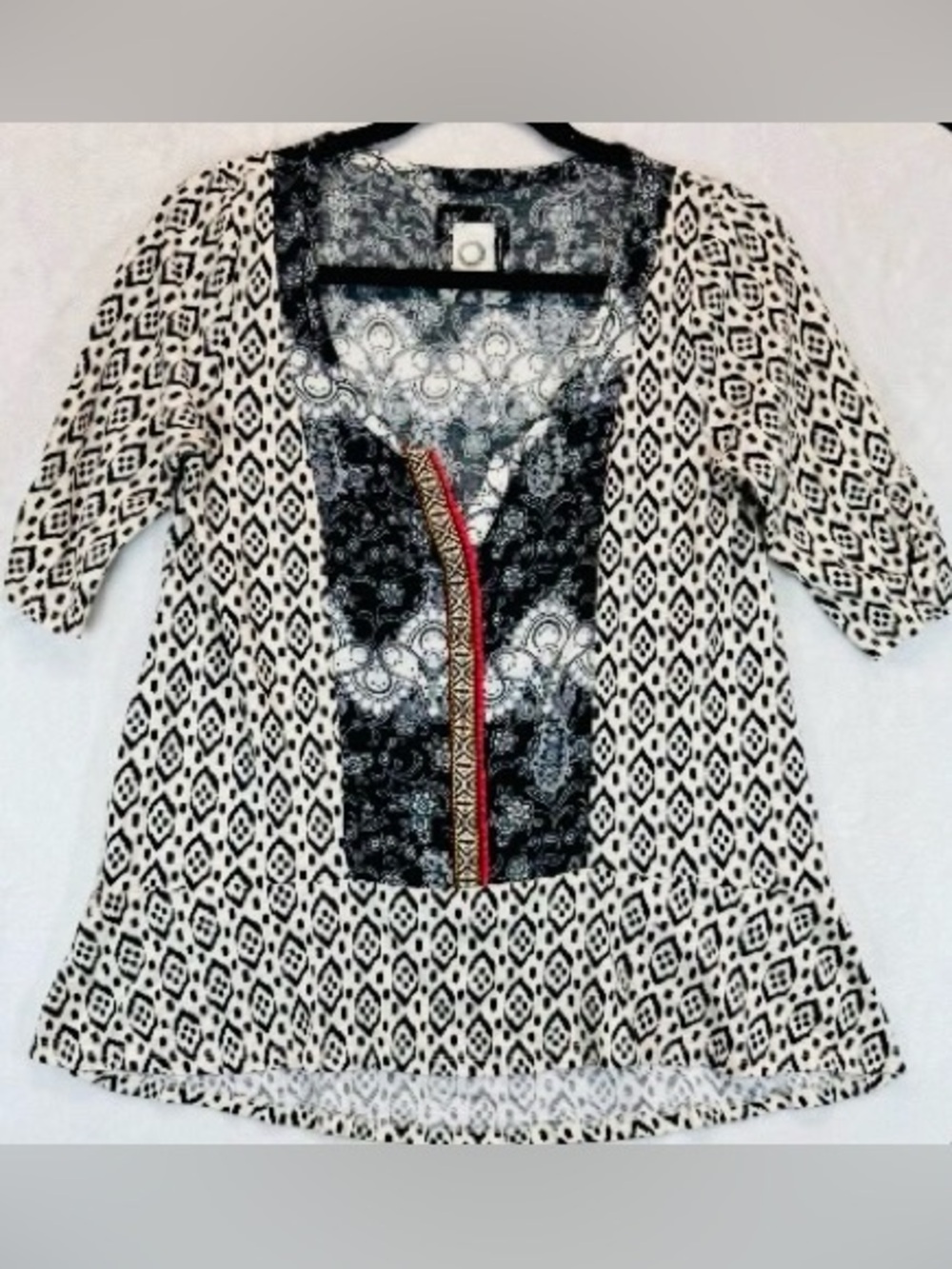 Akemi + Kin Anthropologie Top Black White Ikat Split Neck Peplum Hem